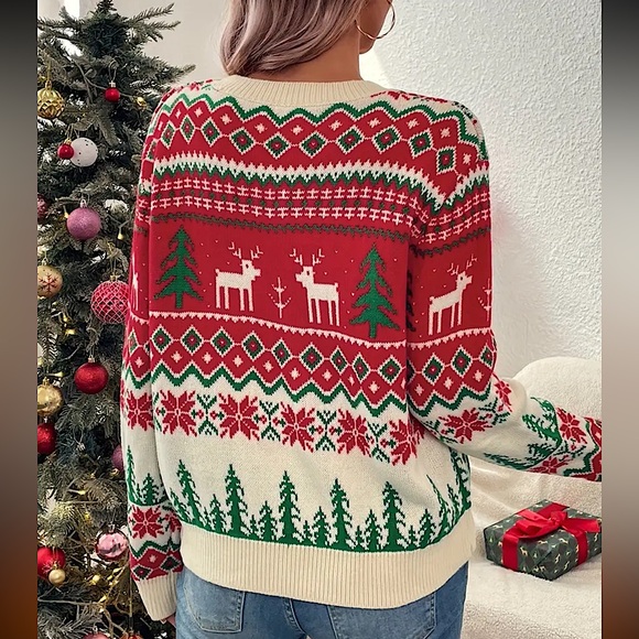 New red green cream Christmas sweater Christmas trees poinsettias reindeerer XXL - Picture 3 of 11